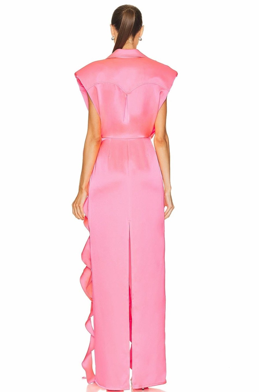 Clearance * David Koma Padded Shoulders Ruffle Wrap Gown