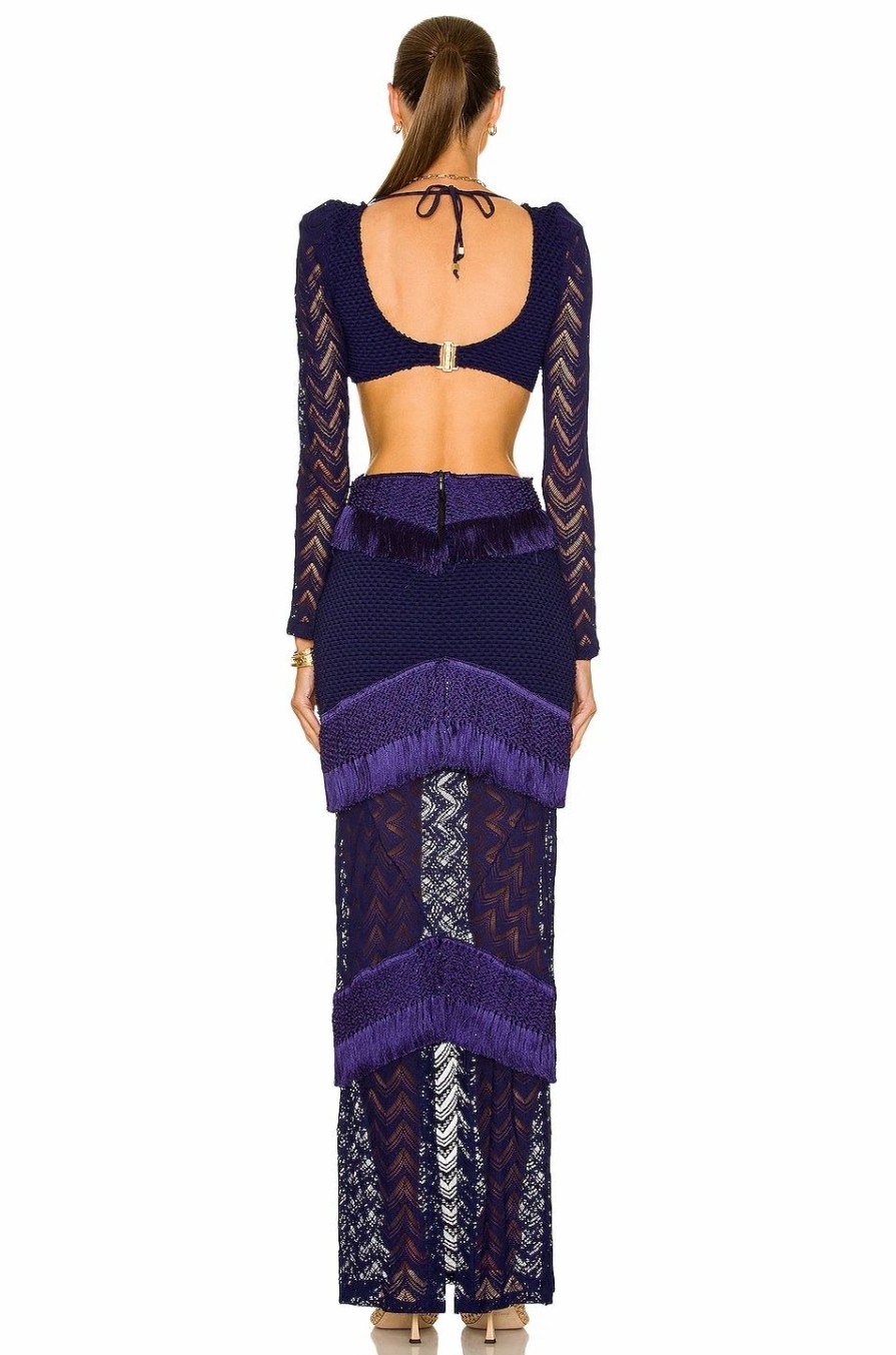 Hot * Patbo Fringe & Lace Long Sleeve Cut Out Maxi Dress