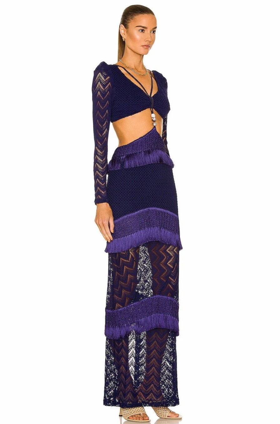 Hot * Patbo Fringe & Lace Long Sleeve Cut Out Maxi Dress