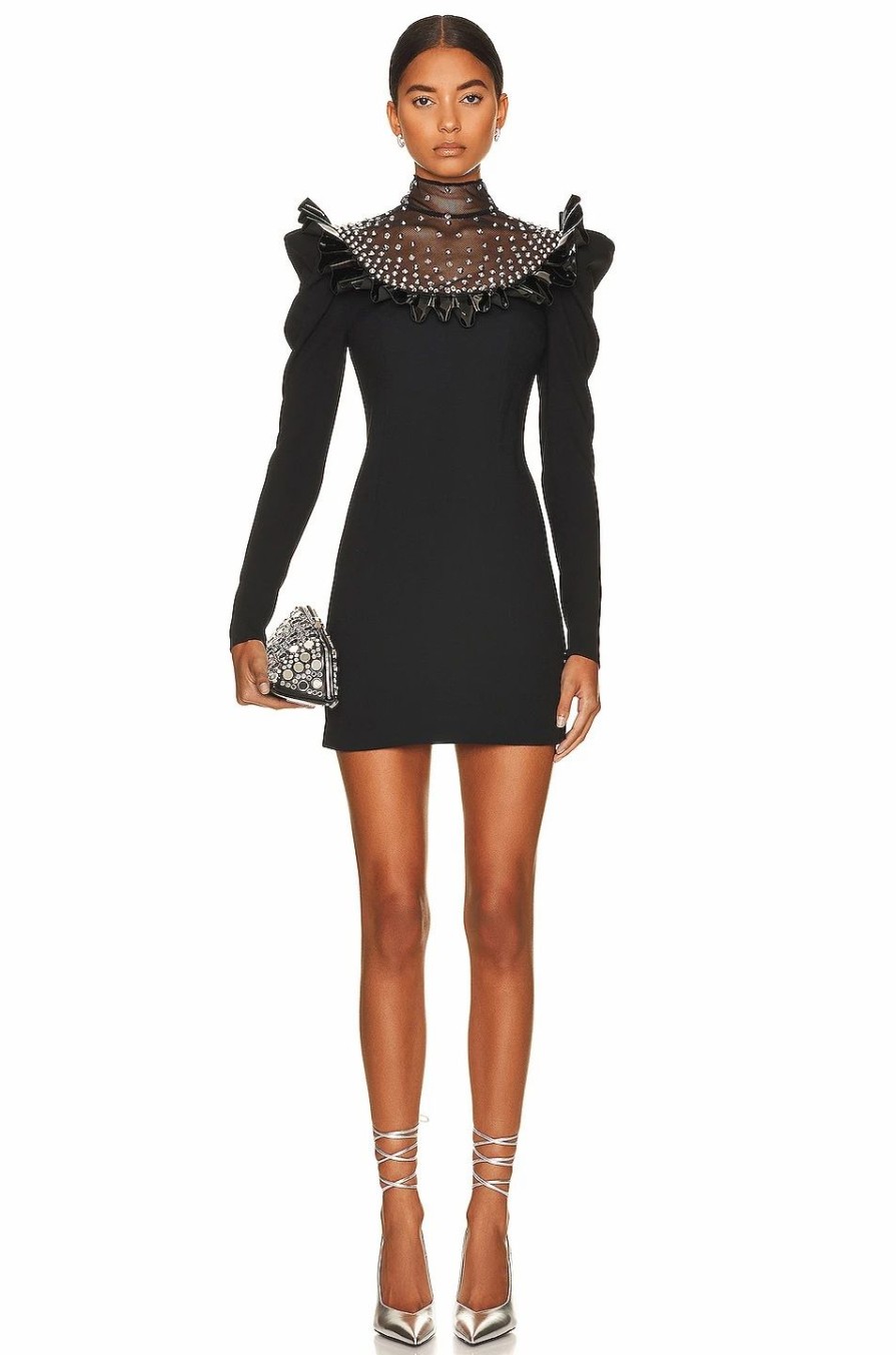 Clearance * Alessandra Rich Crystal Embellished Crepe Wool Mini Dress