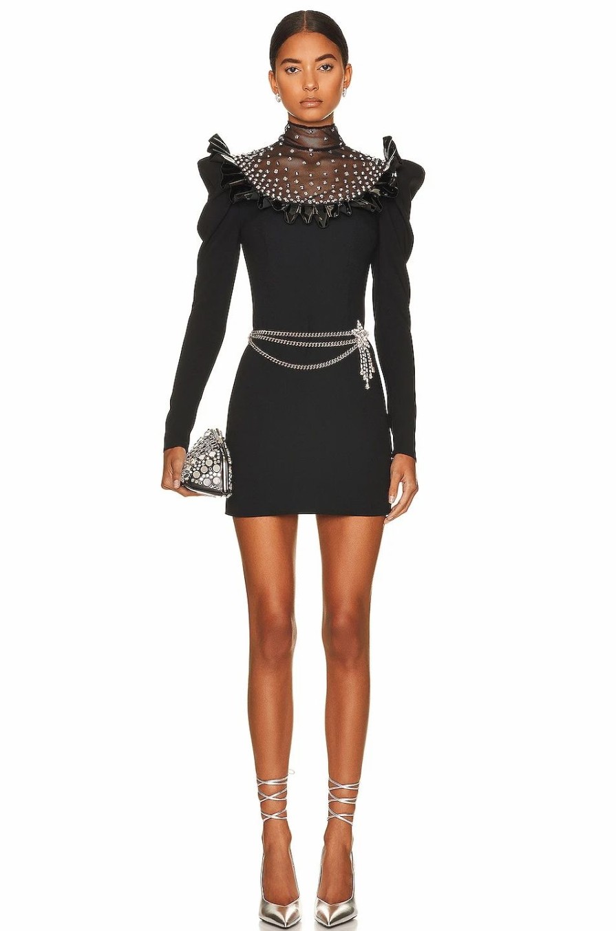 Clearance * Alessandra Rich Crystal Embellished Crepe Wool Mini Dress