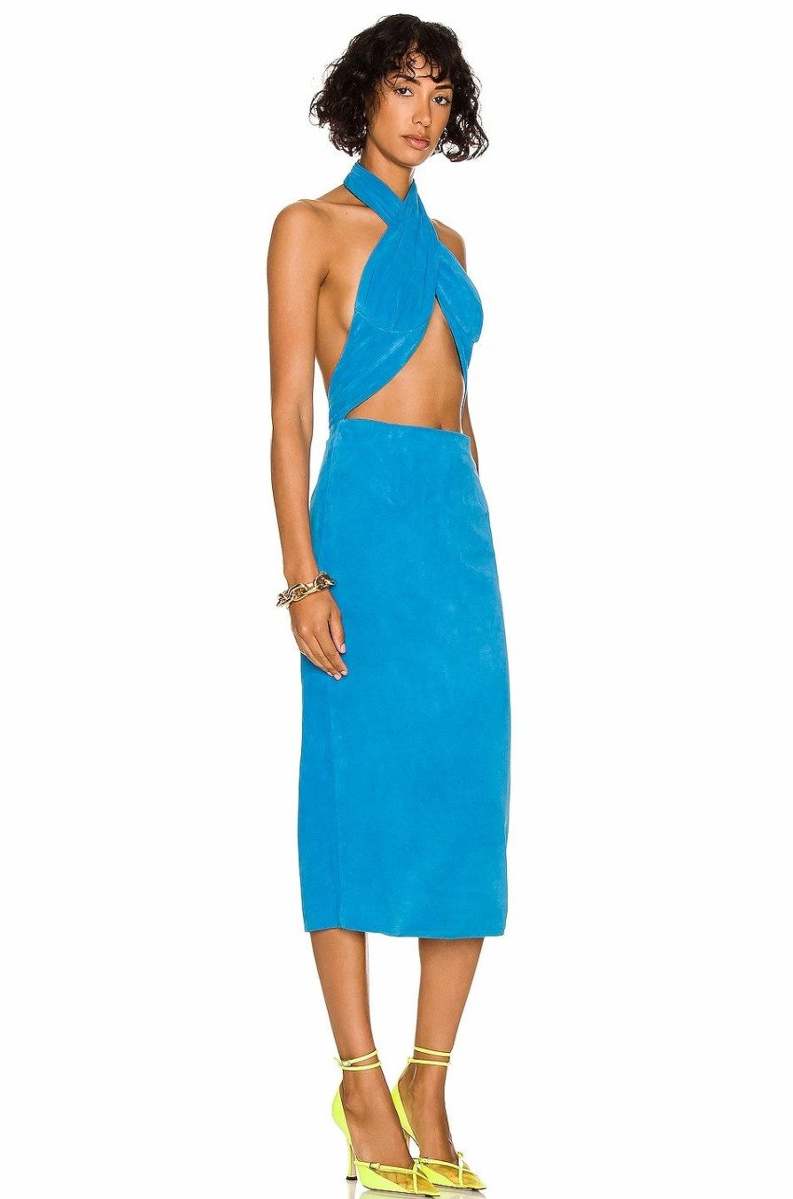 New * Laquan Smith Suede Wrap Neck Halter Midi Dress