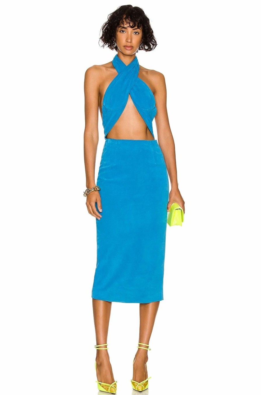 New * Laquan Smith Suede Wrap Neck Halter Midi Dress