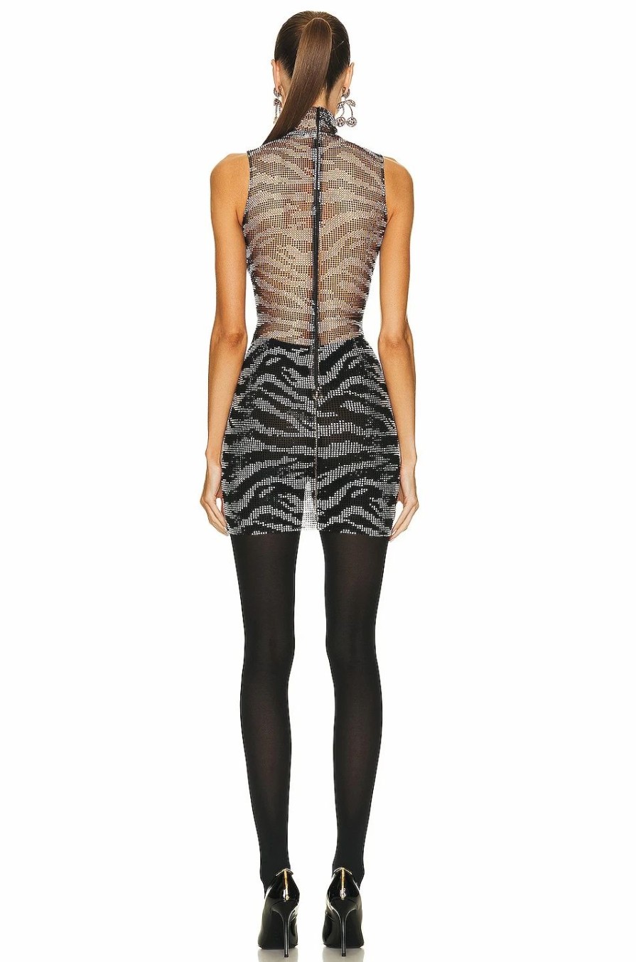 Clearance * Alessandra Rich Zebra Pattern Crystal Net Mini Dress