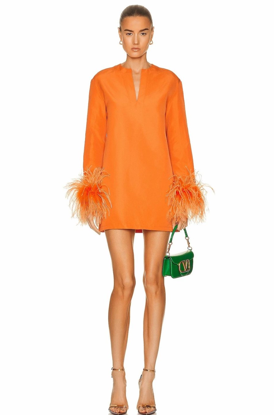 New * Valentino Long Sleeve Dress With Feathers