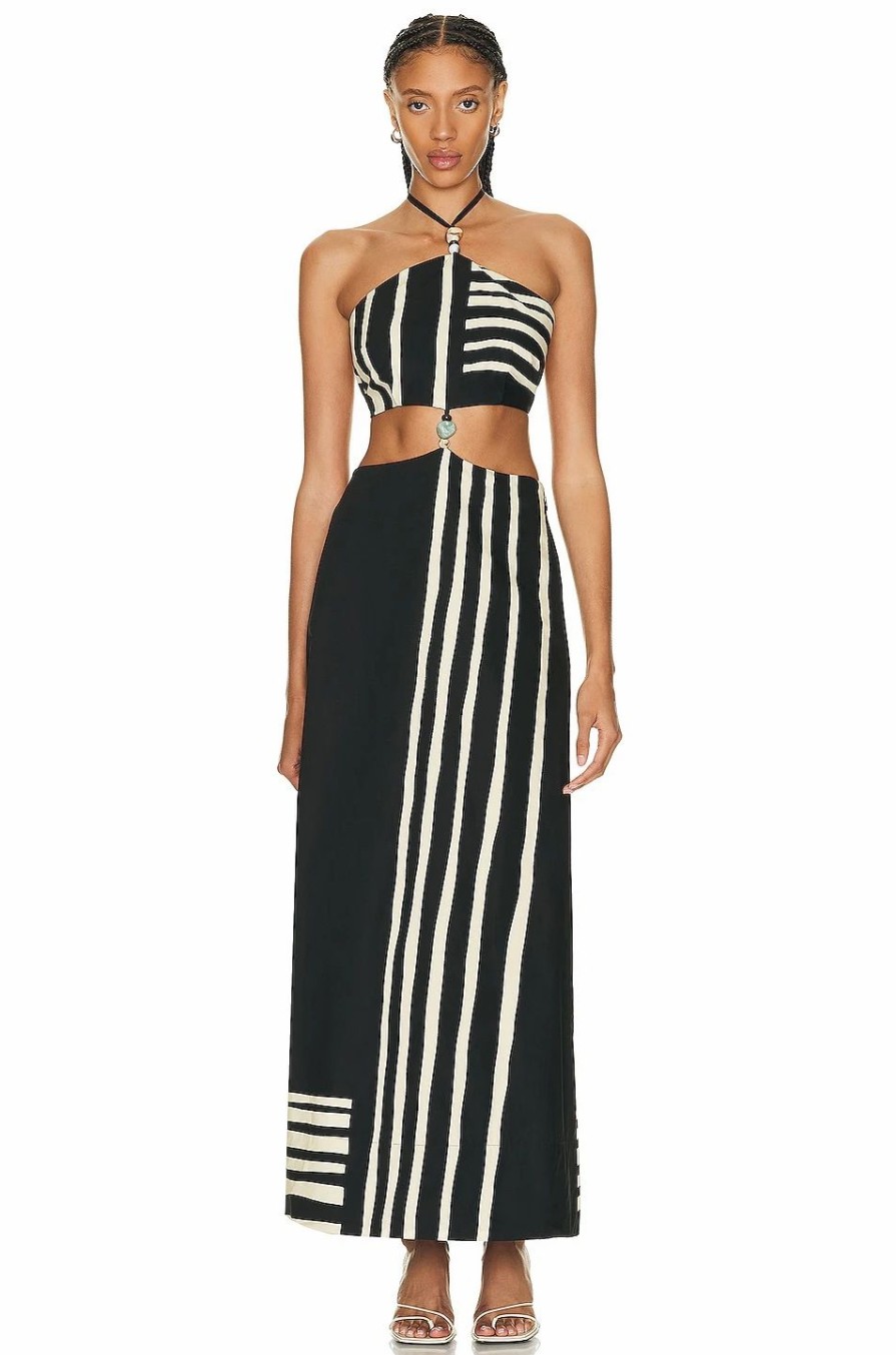 Online * Sir Linocut Beaded Halter Maxi Dress