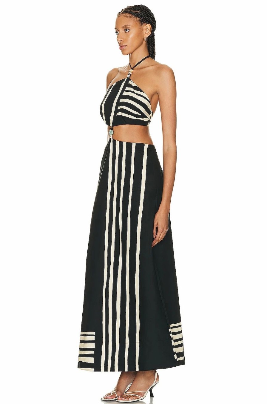 Online * Sir Linocut Beaded Halter Maxi Dress