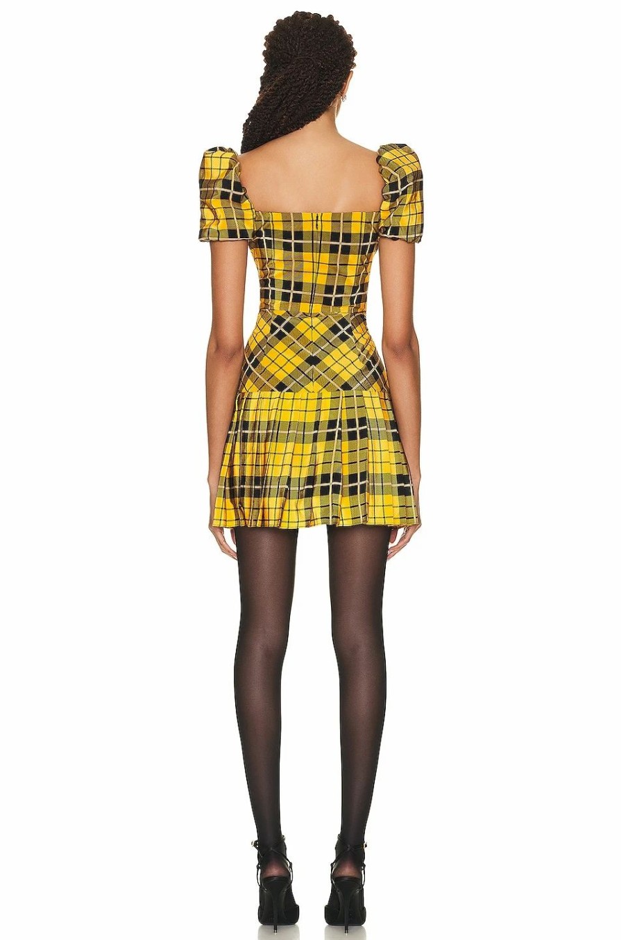 New * Alessandra Rich Tartan Print Silk Mini Dress With Bow