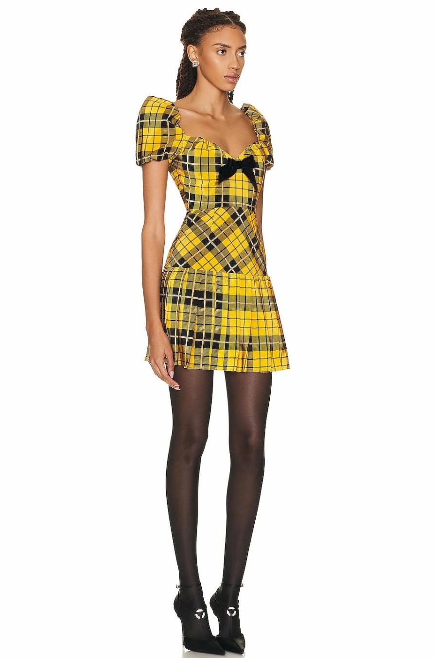 New * Alessandra Rich Tartan Print Silk Mini Dress With Bow